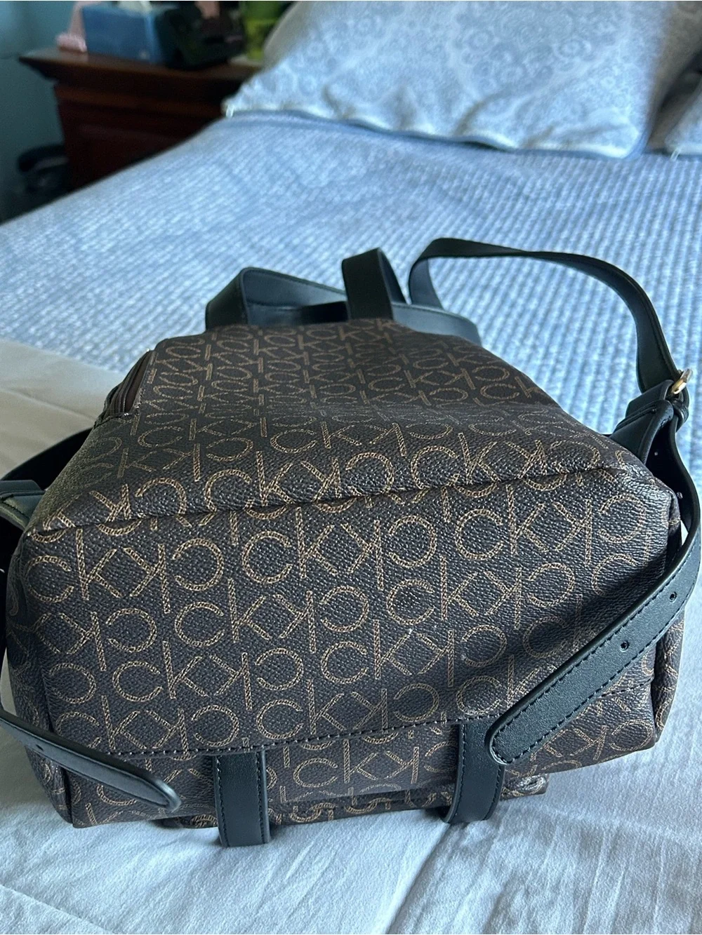 Calvin Klein Brown Monogram Logo Backpack with Gold Hardware